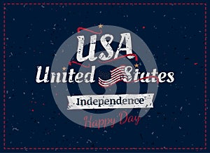 Celebrate Happy 4th of July - Independence Day. Vintage retro greeting card with USA flag and old-style texture