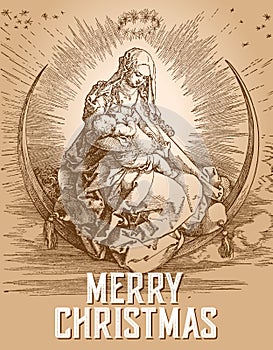 Virgin Mary embrassing Christ, engraved illustration photo