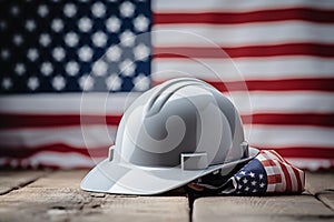 Hard hat and American flag on wooden background. Labor day concept. Ai Generative