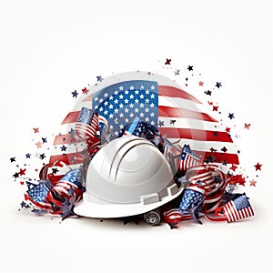 American flag and hard hat on white background. 3D illustration. Labor day concept Ai Generative