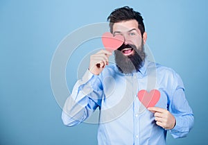 Celebrate love. Guy attractive with beard and mustache in romantic mood. Feeling love. Dating and relations concept