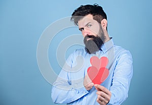 Celebrate love. Guy attractive with beard and mustache in romantic mood. Feeling love. Dating and relations concept