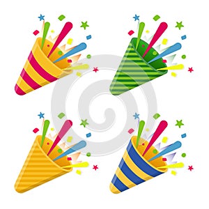 Celebrate party poppers with confetti, for festive congratulations and evening parties. Vector