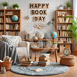 Celebrate reading on happy world book day: home library and cozy corner