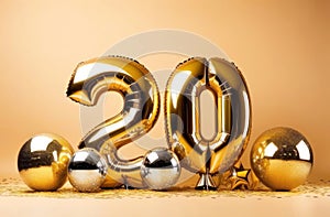 Celebrate in style with this stunning photo of golden \'20\' balloons