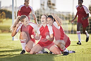 Celebrate, winning and success female football players with fist pump and hurray expression. Soccer team, girls or