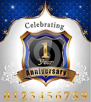 Celebrating 1 years anniversary, Golden sheild with blue royal emblem background