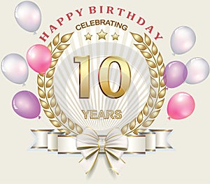 Celebrating 10 years anniversary, happy birthday card, gold design, festive decoration. Vector illustration