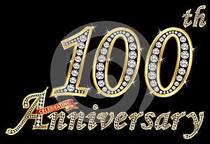 Celebrating 100th anniversary golden sign with diamonds, vector