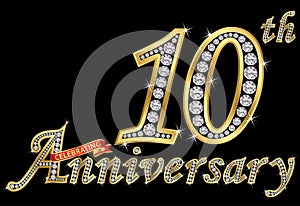 Celebrating 10th anniversary golden sign with diamonds,