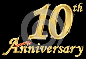 Celebrating 10th anniversary golden sign, vector illustration