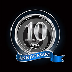 Celebrating 10th years anniversary logo. with silver ring and blue ribbon