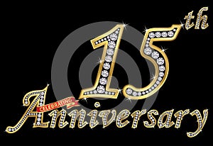 Celebrating 15th anniversary golden sign with diamonds, vector