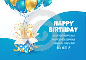 Celebrating of 16 th years birthday vector illustration. Sixteen anniversary celebration. Teenage birth day. Open gift