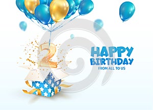 Celebrating of 2 th years birthday vector 3d illustration. Second anniversary celebration. Open gift box with explosions