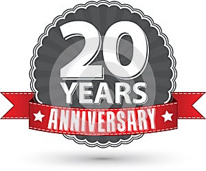 Celebrating 20 years anniversary retro label with red ribbon, vector illustration
