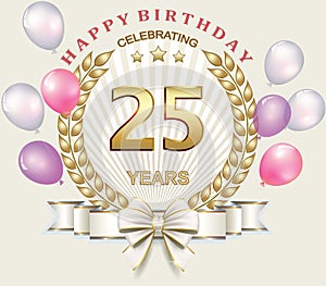 Celebrating 25 years anniversary, happy birthday card, gold design, festive decoration. Vector illustration