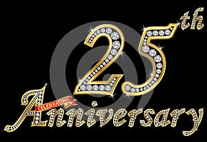 Celebrating 25th anniversary golden sign with diamonds, vector
