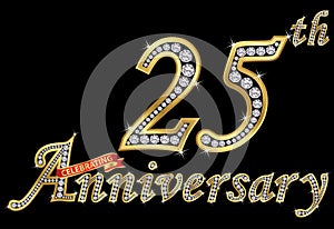 Celebrating 25th anniversary golden sign with diamonds, vector