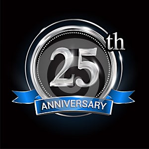 Celebrating 25th anniversary logo. with silver ring and blue ribbon