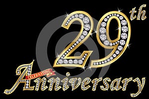 Celebrating 29th anniversary golden sign with diamonds, vector