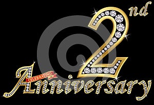 Celebrating 2nd anniversary golden sign with diamonds, vector i