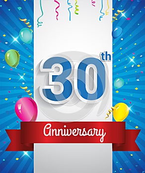 Celebrating 30th Anniversary logo, with confetti and balloons, red ribbon, Colorful Vector design template elements for your
