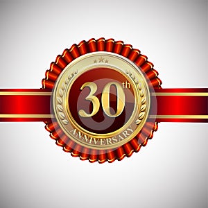 Celebrating 30th anniversary logo, with golden badge and red ribbon isolated on white background