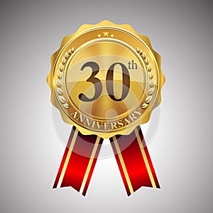 Celebrating 30th anniversary logo, with golden badge and red ribbon isolated on white background