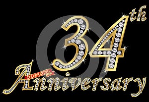 Celebrating 34th anniversary golden sign with diamonds, vector