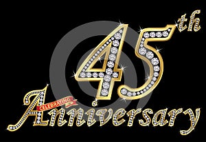 Celebrating 45th anniversary golden sign with diamonds, vector