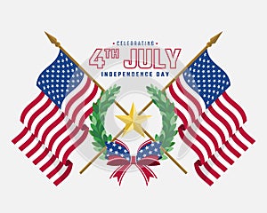 Celebrating 4th of july, independence day - Text and two crossed american flag with Gold star and wreath vector design