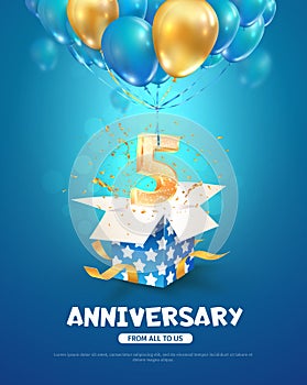 Celebrating of 5 th years birthday vector 3d illustration. Fifth anniversary celebration. Open gift box with explosions