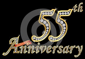 Celebrating 55th anniversary golden sign with diamonds, vector