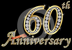 Celebrating 60th anniversary golden sign with diamonds, vector