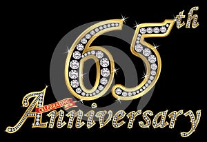 Celebrating 65th anniversary golden sign with diamonds, vector