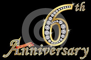 Celebrating 6th anniversary golden sign with diamonds, vector i