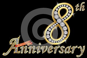 Celebrating 8th anniversary golden sign with diamonds, vector il