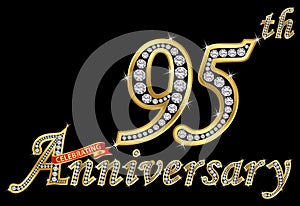 Celebrating 95th anniversary golden sign with diamonds, vector