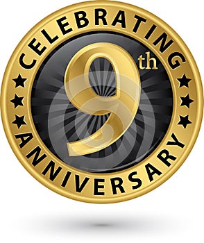 Celebrating 9th anniversary gold label, vector illustration