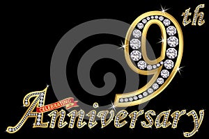 Celebrating 9th anniversary golden sign with diamonds, vector i