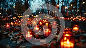 Celebrating All Saints Day: Lit Candles and Autumn Leaves at Night in Cemetery