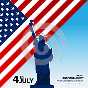 Celebrating America Independence Day background with flag and landmark statue. 4th of July American independence day design vector