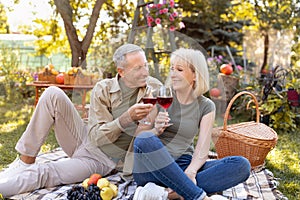 Celebrating anniversary. Loving elderly couple drinking wine, sitting on blanket while having picnic in garden