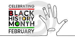 Celebrating Black History Month February banner. Vector illustration of continuous line drawing of human palm open