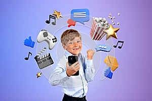 Celebrating boy with smartphone, online entertainment icons