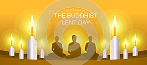 Celebrating The Buddhist lent day brown monk meditated and white candles light to pray on yellow background vector design