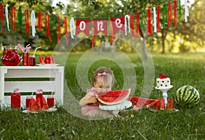 Celebrating a child`s first birthday in nature with a cake and watermelons
