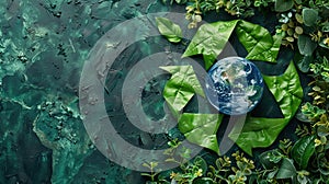 Celebrating Earth Day With a Recycle Symbol and Globe Surrounded by Foliage on a Green Background