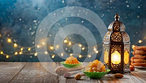 Celebrating Eid al Fitr Adha background with lantern, lighting and festive table, copy space template